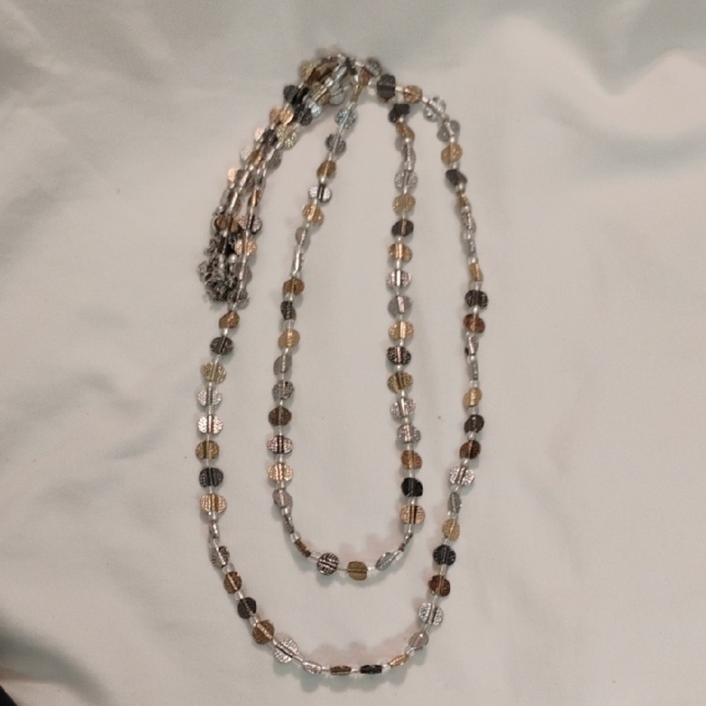 Silver, gold and brown Long Beaded Necklace